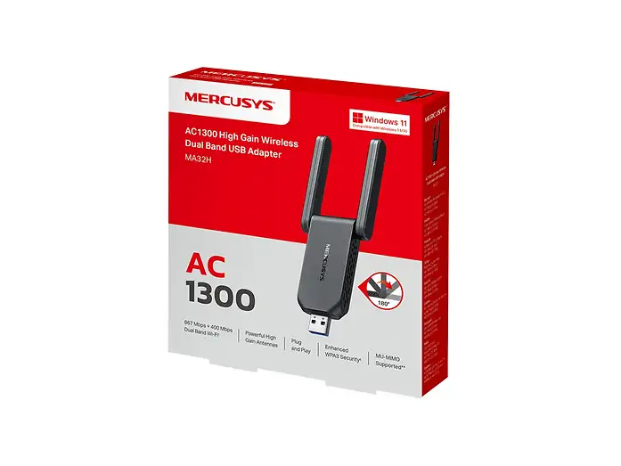 Mercusys MA32H, AC1300 Mbps, Çift Bant, USB 3.0, Yüksek Çekim Güçlü Wi-Fi 5 USB Adaptör